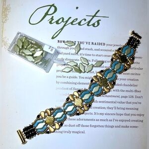 Navette and Bridge beaded bracelet in Blue/Green/Gold colors!